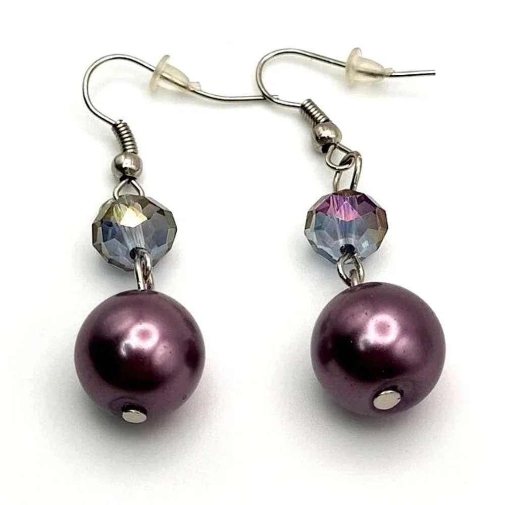 Gray Glass Faux Pearls and AB Glass Beads Silvertone Drop Dangle Hook Earrings‎
